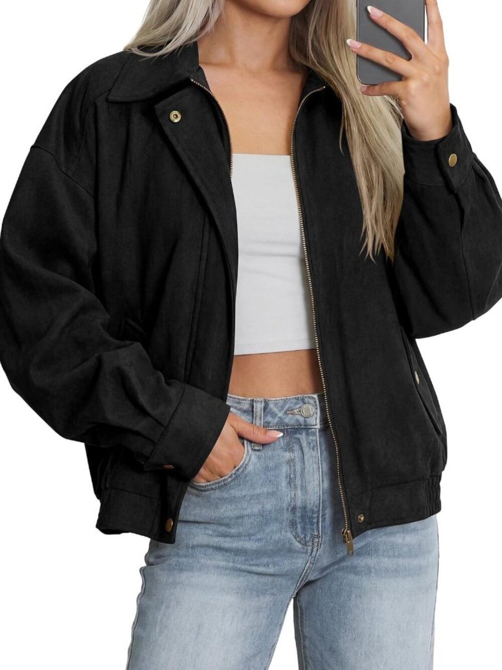Chic Oversized Faux Suede Jacket for Women | Long Sleeve Bomber Coat